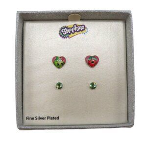 Shopkins Fine Silver Plated Set Green Rhinestone Cartoon Image Stud Earrings NEW